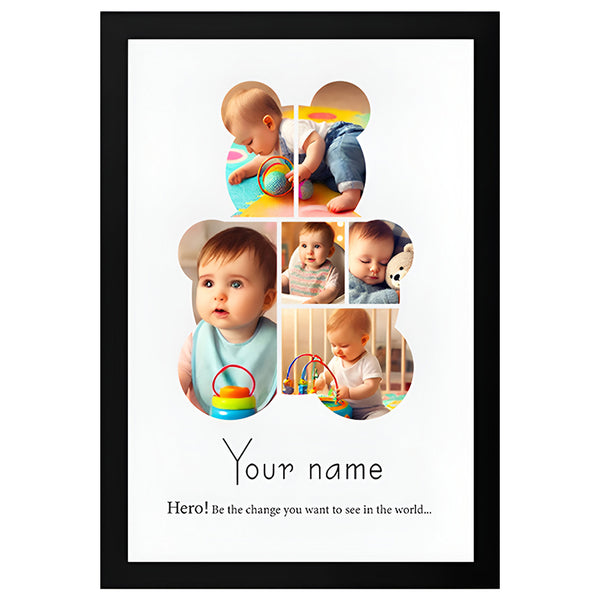 Customized Baby Photo Collage Frame | Cute Bear Shape | Name + Quote Personalization