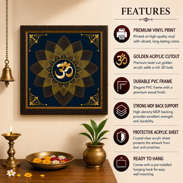 Golden Om Mandala Acrylic Photo Frame | Premium Spiritual Wall Decor | Elegant Om Wall Frame for Home, Office & Pooja Room
