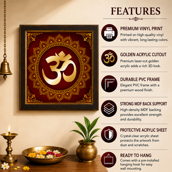 Golden Om Mandala Acrylic Photo Frame | Premium Hindu Spiritual Wall Decor | Sacred Om Wall Frame for Home, Office & Pooja Room