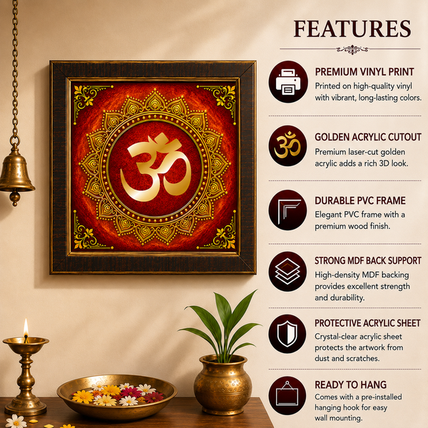 Om Mandala Acrylic Photo Frame | Premium Om Wall Decor | Spiritual Wall Frame for Home, Office & Pooja Room