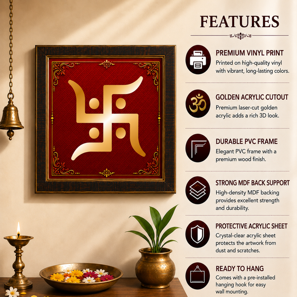 Golden Swastik Acrylic Photo Frame | Premium Swastik Wall Decor | Auspicious Hindu Symbol for Home, Office & Pooja Room