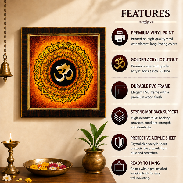 Premium Om Symbol Wooden Photo Frame | Golden OM Mandala Wall Decor | Vastu & Spiritual Home Decoration Frame