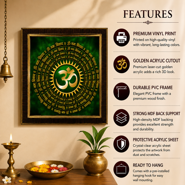 Premium Om Namah Shivaya Wooden Photo Frame | Golden Om Mandala Spiritual Wall Decor | Vastu & Meditation Room Frame