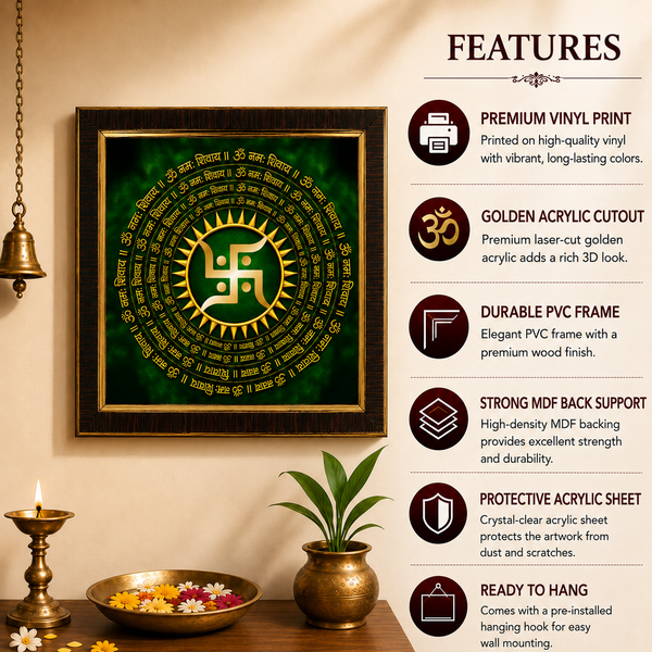 Premium Swastik Wooden Photo Frame | Golden Swastik with Om Namah Shivaya Mandala | Vastu Spiritual Wall Decor