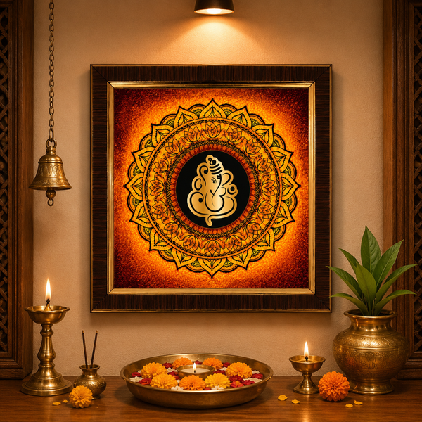 Premium Golden Lord Ganesha Wooden Photo Frame | Spiritual Mandala Wall Decor | Vastu Home & Office Decoration