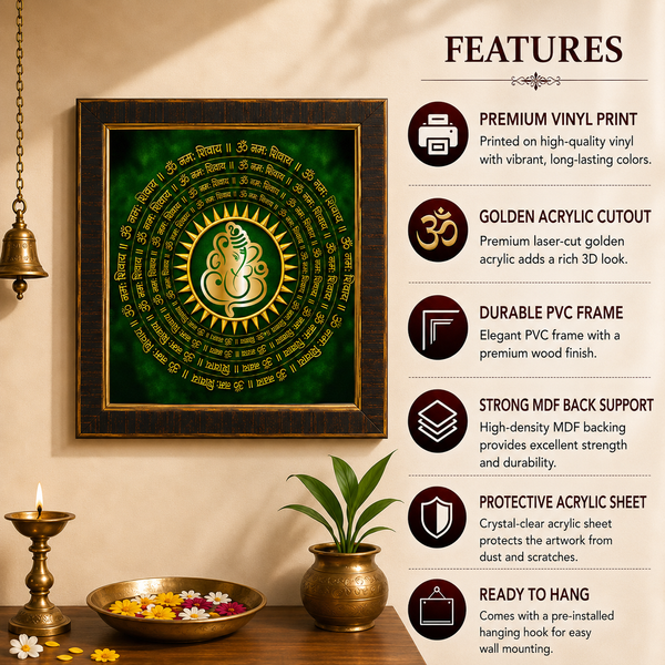 Premium Lord Ganesha Om Namah Shivaya Wooden Photo Frame | Sacred Green Mandala Wall Decor | Vastu Home & Office Decoration