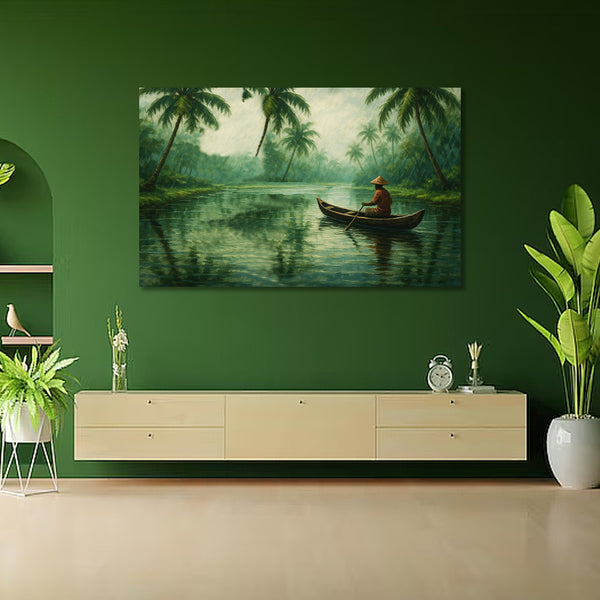Kerala Backwaters Painting | Tropical Rain Canvas Wall Art | Monsoon Landscape Painting