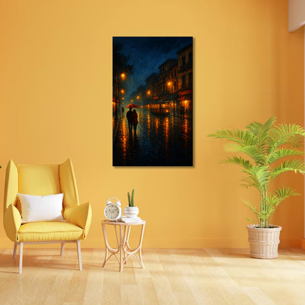 Romantic City Rain Walk | Couple Under Umbrella On Wet | Canvas Art Perfect For Bedrooms, Hallways & Cafe Walls