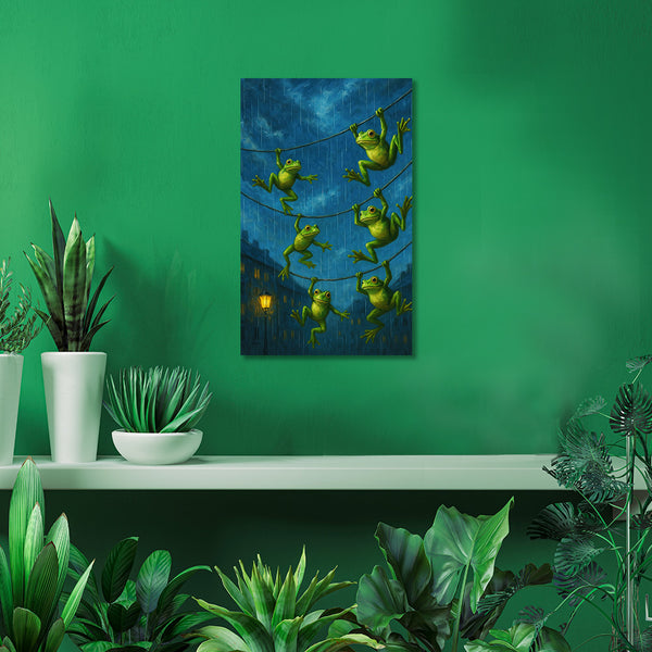 Frogs Hanging From Wires During Monsoon | Playful Canvas Painting Ideal For Kids Rooms, Creative Spaces, And Gift Ideas