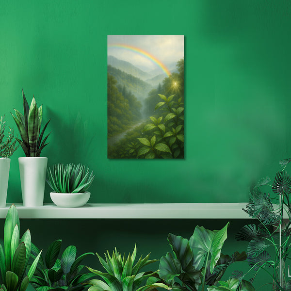 Rainbow Over Rain-Kissed Mountains | Nature Canvas Wall Art With Dewy Leaves, Misty Hills, And Sunshine Breaking Through Clouds