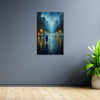 City Street In Heavy Rain | Blue-Toned Urban Landscape With Glowing Lamps | Modern Rainy Day Canvas Painting For Office Or Contemporary Decor