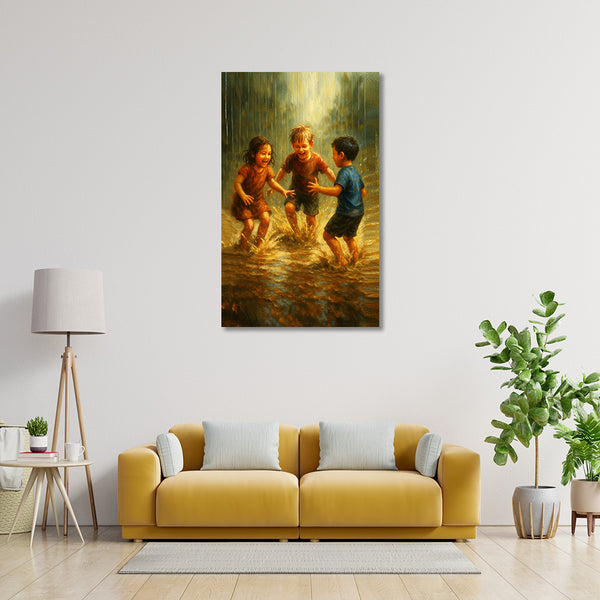 Happy Kids Playing In The Rain | Nostalgic And Uplifting Canvas Art For Home And Nursery | Nature Themed Canvas