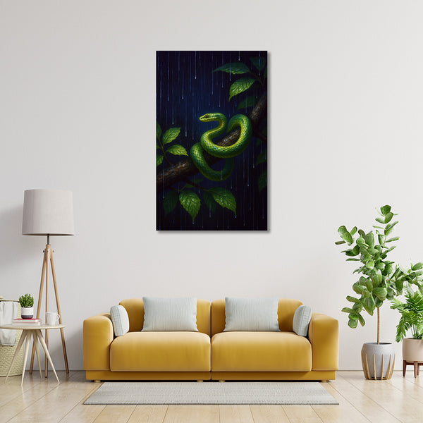 Rainforest Snake On Branch Painting | Vivid Green Snake Canvas Art | Bold Nature-Themed Canvas Wall Painting For Living Rooms, Study Spaces, Wildlife Lovers