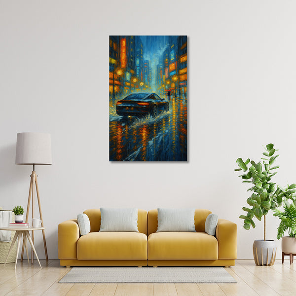 Luxury Car Painting | Futuristic Monsoon Canvas Wall Art With Urban Night Lights, Raindrops & Speed Trails