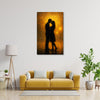 Romantic Couple Silhouette In Monsoon Canvas Art | Emotional Love Scene Under Golden Light And Rainfall Painting For Bedroom Or Intimate Wall Decor