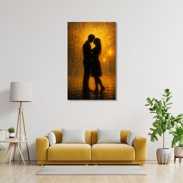 Romantic Couple Silhouette In Monsoon Canvas Art | Emotional Love Scene Under Golden Light And Rainfall Painting For Bedroom Or Intimate Wall Decor