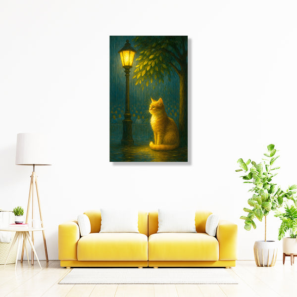 Golden Cat Under Lamp Canvas Wall Art | Cozy Night Rain Scene with Cat for Bedroom & Reading Corners
