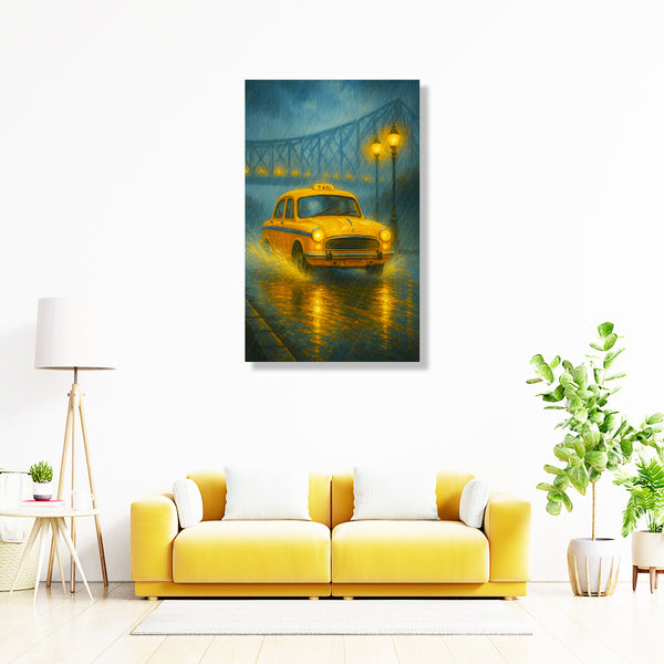 Yellow Taxi Rainy Night Canvas Wall Art | Kolkata City Street Scene with Reflections for Urban Home Décor