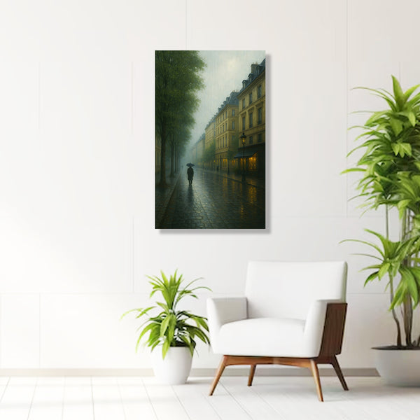 Paris Street in Rain Canvas Wall Art | Elegant European Street Scene with Umbrella for Living Room & Office