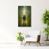 Romantic Walk in Rain Canvas Wall Art | Couple Under Red Umbrella in Forest Path for Bedroom & Hallway