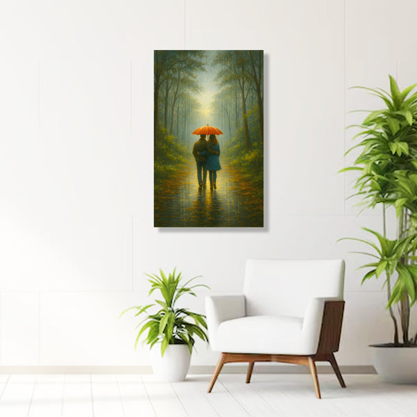 Romantic Walk in Rain Canvas Wall Art | Couple Under Red Umbrella in Forest Path for Bedroom & Hallway
