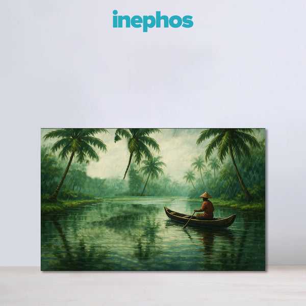 Kerala Backwaters Painting | Tropical Rain Canvas Wall Art | Monsoon Landscape Painting