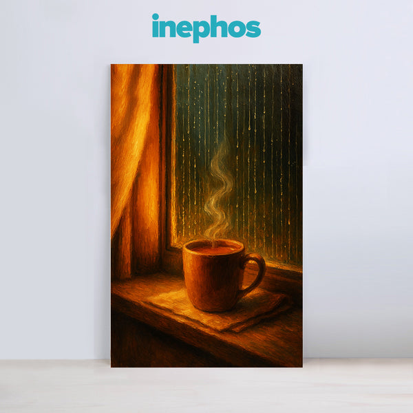 Warm Cup By The Rainy Window | Canvas Wall Art For Comfort And Calm Vibes | Monsoon Paintings For Bedrooms, Hallways & Cafe Walls