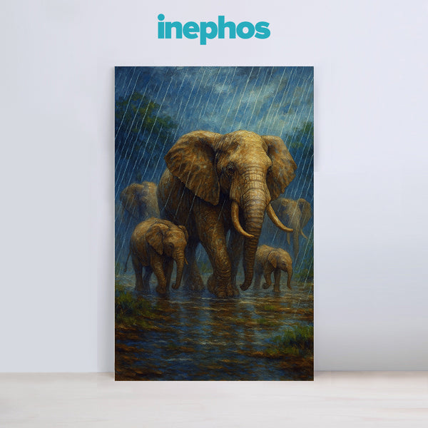 Elephant Herd In Monsoon | Majestic Wildlife Canvas Painting With Rainfall | Powerful Jungle Art For Living Rooms, Offices, Or Nature-Loving Interiors