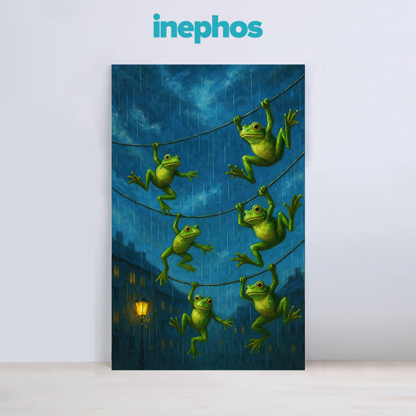 Frogs Hanging From Wires During Monsoon | Playful Canvas Painting Ideal For Kids Rooms, Creative Spaces, And Gift Ideas