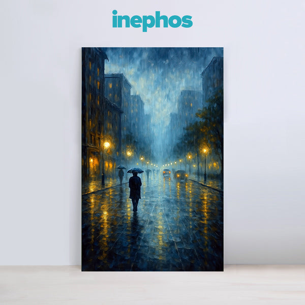 City Street In Heavy Rain | Blue-Toned Urban Landscape With Glowing Lamps | Modern Rainy Day Canvas Painting For Office Or Contemporary Decor