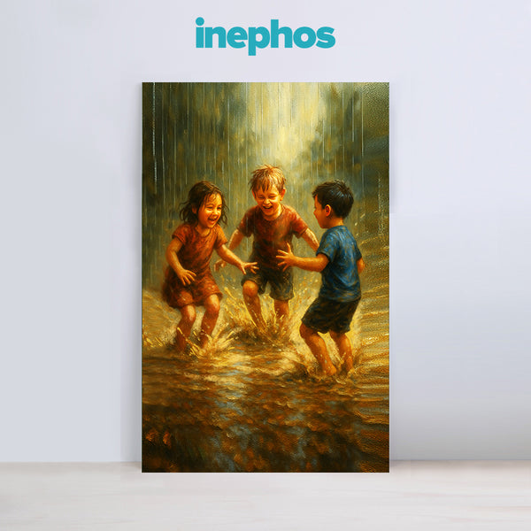 Happy Kids Playing In The Rain | Nostalgic And Uplifting Canvas Art For Home And Nursery | Nature Themed Canvas