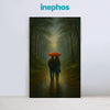 Romantic Walk in Rain Canvas Wall Art | Couple Under Red Umbrella in Forest Path for Bedroom & Hallway