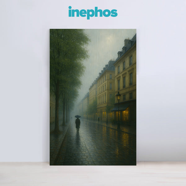 Paris Street in Rain Canvas Wall Art | Elegant European Street Scene with Umbrella for Living Room & Office