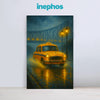 Yellow Taxi Rainy Night Canvas Wall Art | Kolkata City Street Scene with Reflections for Urban Home Décor