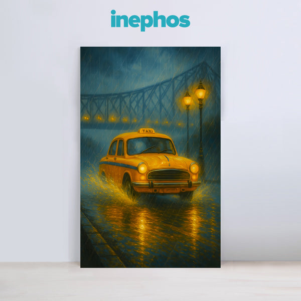 Yellow Taxi Rainy Night Canvas Wall Art | Kolkata City Street Scene with Reflections for Urban Home Décor