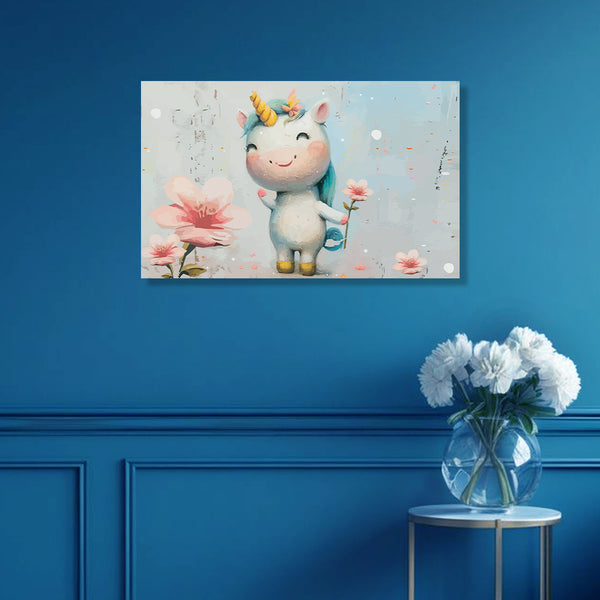 Cheerful Unicorn with Flowers | Premium Canvas Painting for Living Room, Bedroom, Office, Hotels, Drawing Room