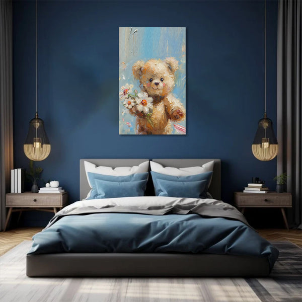 Teddy With Flowers | Textured Kids Room Canvas Wall Painting