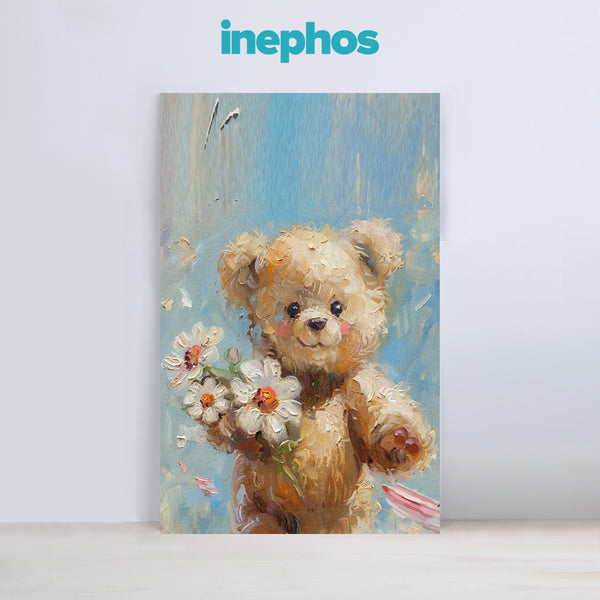 Teddy With Flowers | Textured Kids Room Canvas Wall Painting