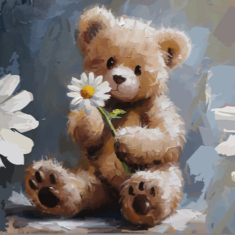 Fluffy Teddy and Daisy | Cute Canvas Wall Art for Kids Room