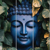 Blue Buddha statue surrounded by green leaves