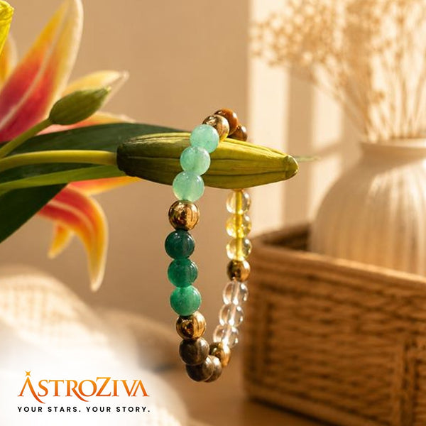 AstroZiva Dhan Yog Crystal Bracelet for Men & Women | Citrine, Tiger Eye, Green Jade, Green Aventurine, Sphatik, Pyrite & Hematite Crystals | Wealth, Good Luck & Positive Energy | Stretchable Crystal Bracelet