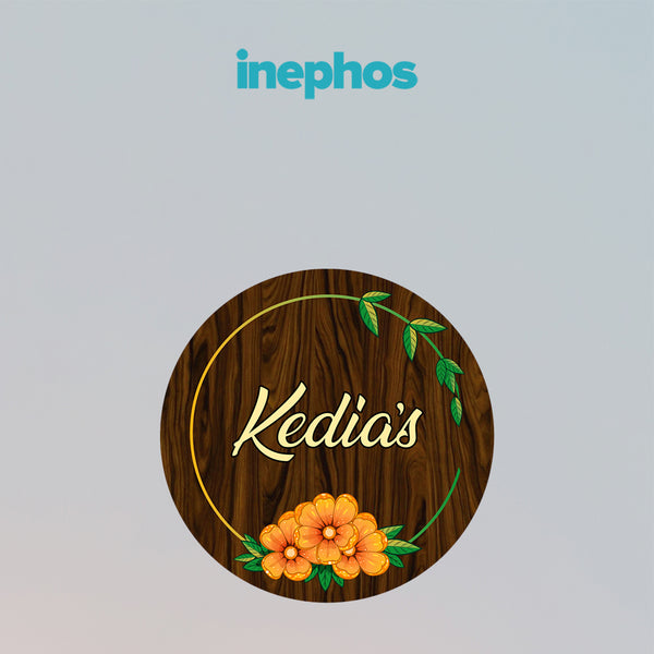 Round Wooden Floral Premium Name Plate | Personalized Natural Finish Wall Decor