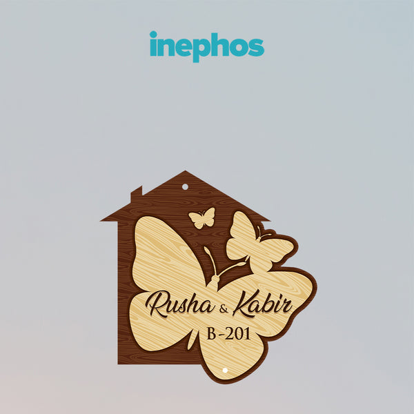 Butterfly House Shaped Premium Name Plate | Personalized Door Decor For Couples & Families