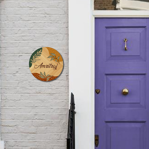 Custom Round Name Plate with Leaf Design | Personalized Wall Decor for Home, Flat, or Door