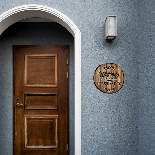 Rustic Wooden Family Welcome Name Plate For Home Entrance | Custom Round Wall Decor For Living Room