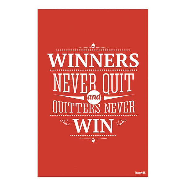 Winners Never Quit Poster | Motivational Quote Wall Art | Red Typography Print for Office, Study Room, or Gym Decor