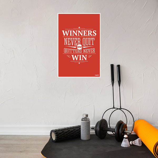 Winners Never Quit Poster | Motivational Quote Wall Art | Red Typography Print for Office, Study Room, or Gym Decor