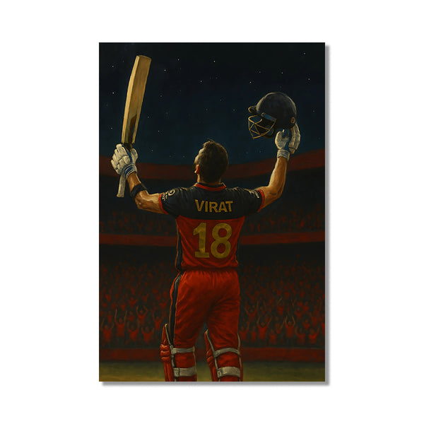 Virat Kohli Celebration Poster | Iconic RCB Moment With Raised Bat Under Stars