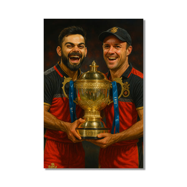 Cricket legends with this IPL poster featuring Kohli and ABD holding the shining trophy | A perfect piece to inspire champions