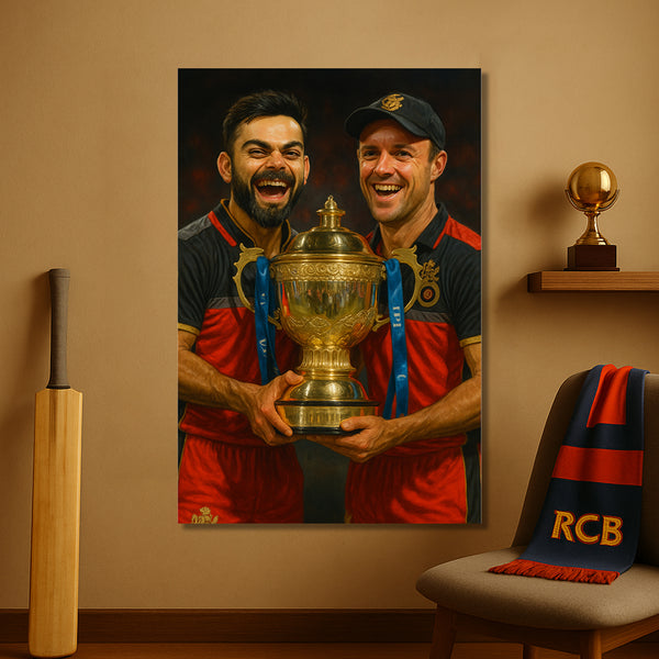 Cricket legends with this IPL poster featuring Kohli and ABD holding the shining trophy | A perfect piece to inspire champions
